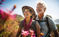 abenteuerlustiger älterer Mann und Frau mit Rucksäcken