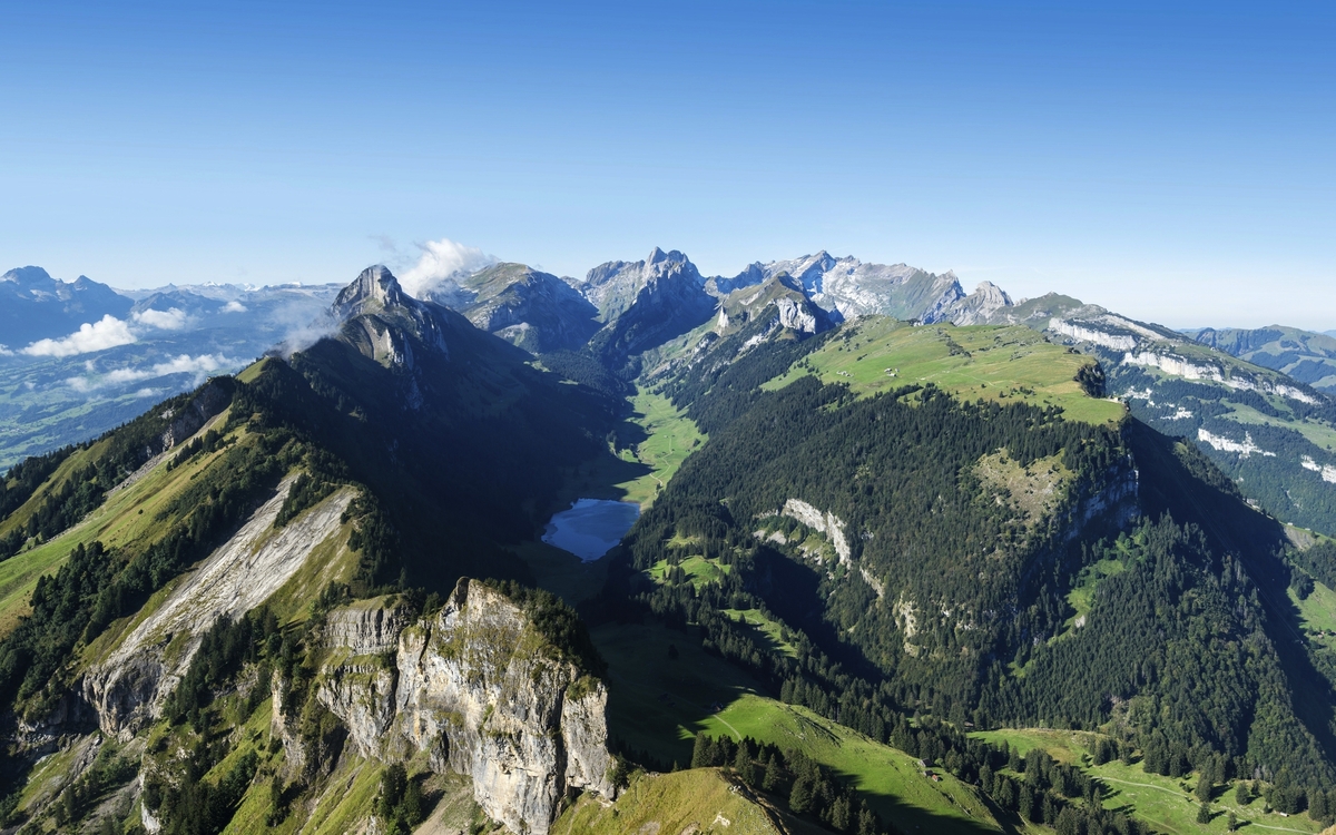 Blick vom Berg Hoher Kasten auf die Appenzeller Alpen