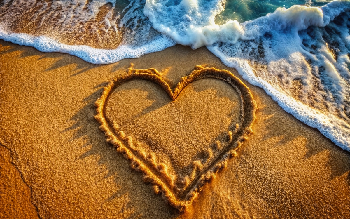 Herz von Meereswelle weggespült: Panoramablick von oben auf Sand