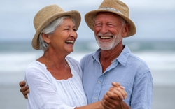 Glückliches älteres Ehepaar mit Hüten, das sich am Strand an den Händen hält