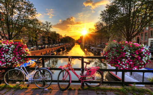 Schöner Sonnenaufgang über Amsterdam,Die Niederlande,mit Blumen und Fahrräder auf der Brücke im Frühjahr