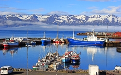 Der malerische Hafen von Akureyri (Island) mit schneebedeckten Bergen im Hintergrund