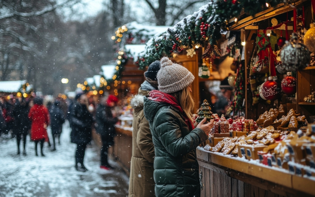 Weihnachtsmarkt mit Schnee und Dekorationen