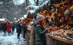 Weihnachtsmarkt mit Schnee und Dekorationen
