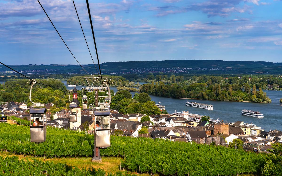 Blick auf die Weinberge von der Seilbahn am Niederwalddenkmal in Rüdesheim