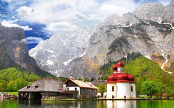 beautiful Alpen scenery -crystal lake Konigsee  with small chuch